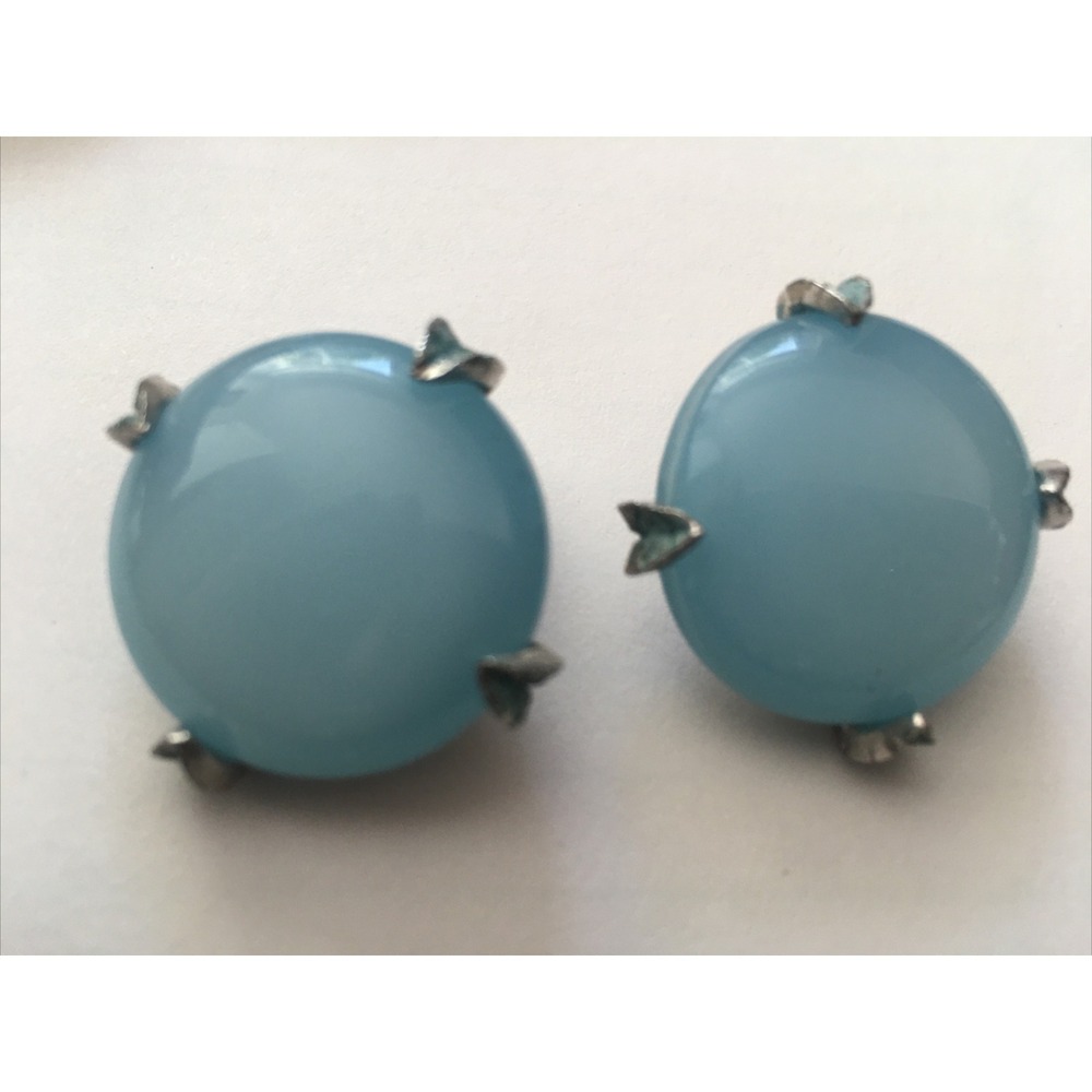 Vintage Signed Kramer Sky Blue Lucite  round Art Deco Clip Earrings